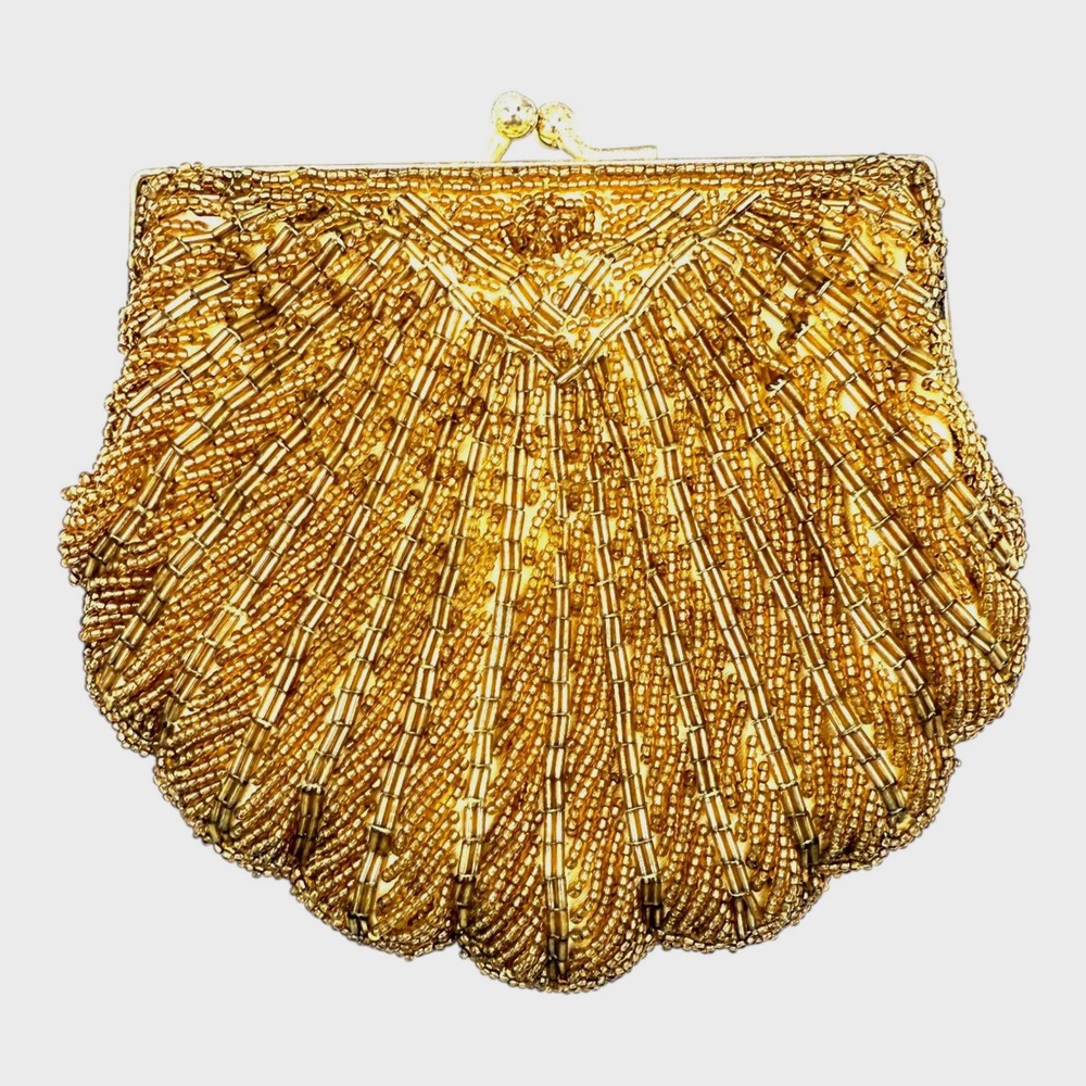 VTG La Regale Women's Evening Shoulder Purse Gold Beaded Clam Shell Gold Chain - Picture 2 of 13